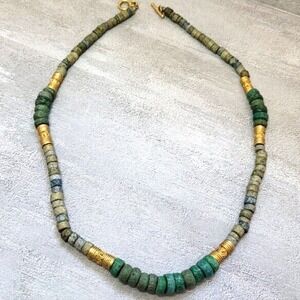 Vintage Serpentine and Jasper 19 Inch Artisan Beaded Necklace with Brass Accents